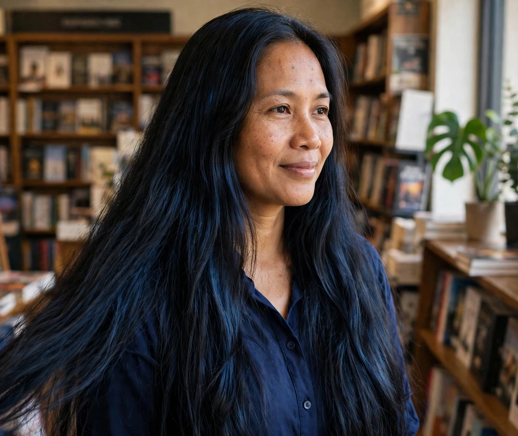 Southeast Asian woman with long midnight blue-black hair in a bookstore