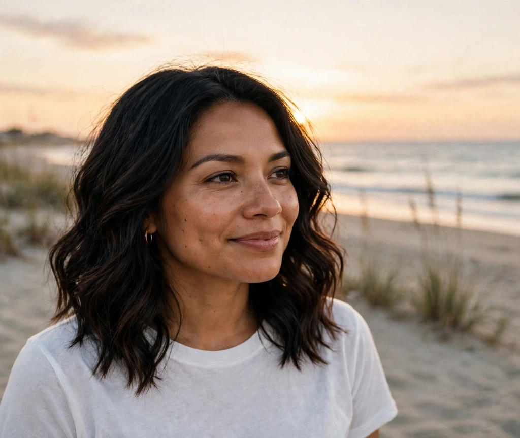 Latina woman with soft black balayage waves on a beach