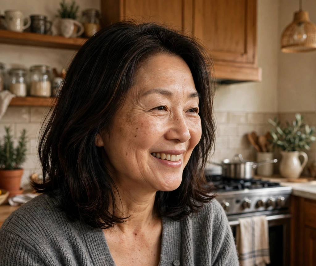 East Asian woman with shoulder-length dark mocha hair in a kitchen