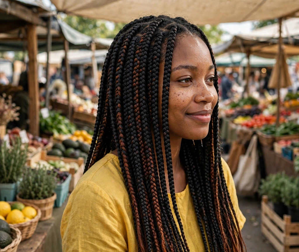 Black woman with long black braids featuring dark auburn lowlights at a market