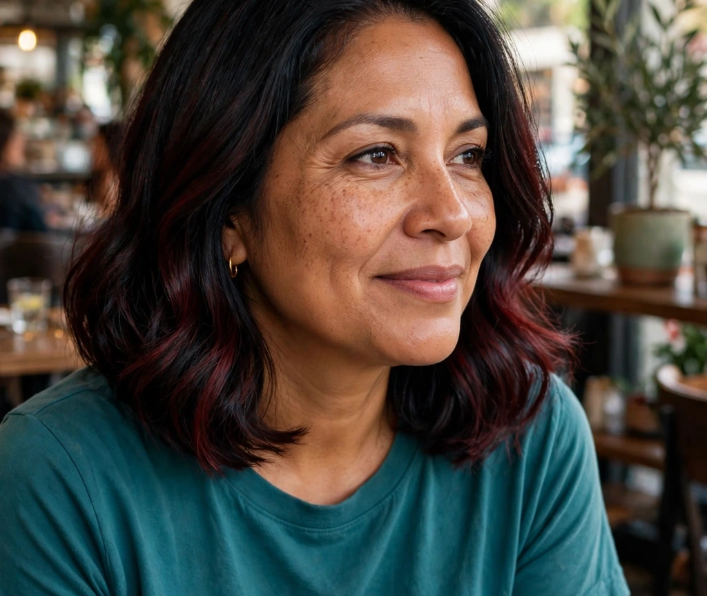 Latina woman with a black cherry lob in a cafe