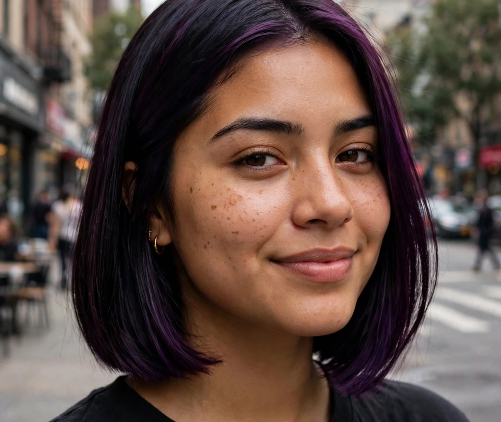 Latina woman with a dark plum bob on a city street