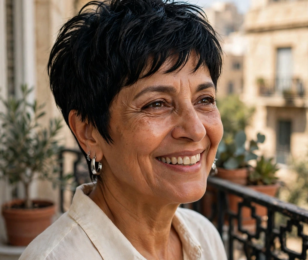 Middle Eastern woman with a jet black pixie cut on a balcony