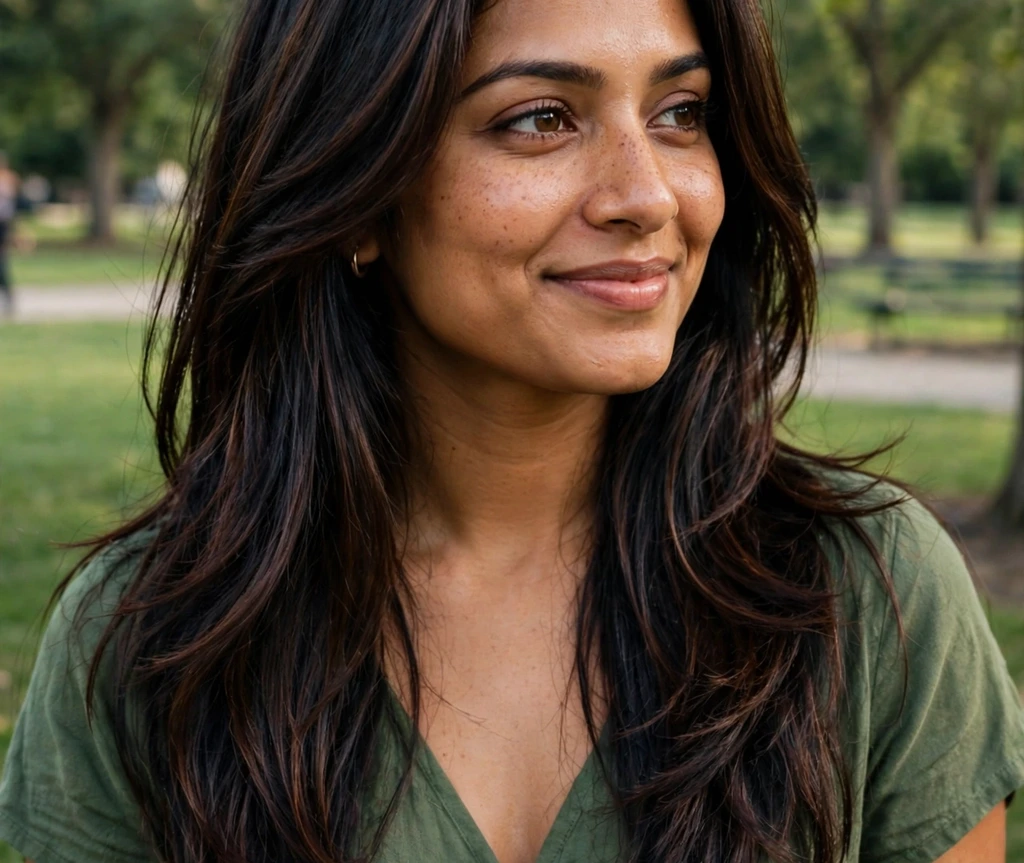 South Asian woman with chocolate black long layers in a park