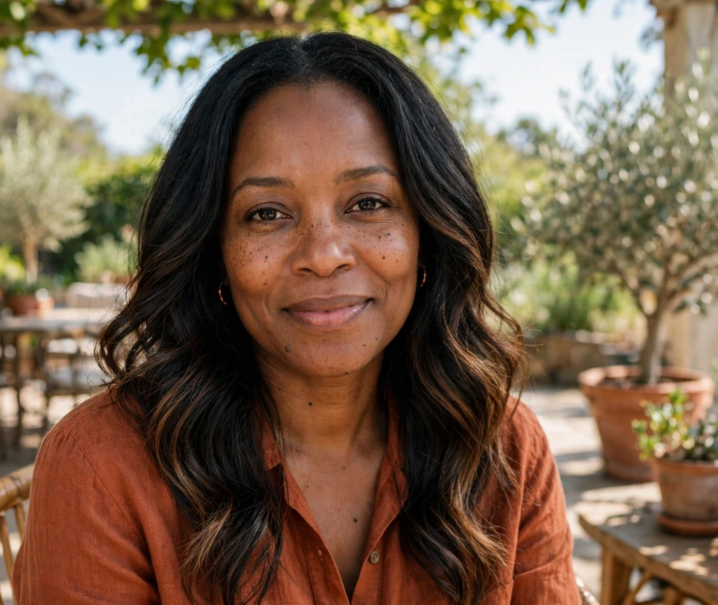 Black woman with midnight black waves fading into brown tips on a patio