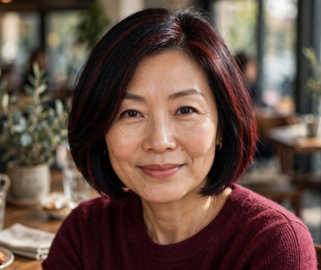 East Asian woman with a black bob with dark burgundy hints in a cafe
