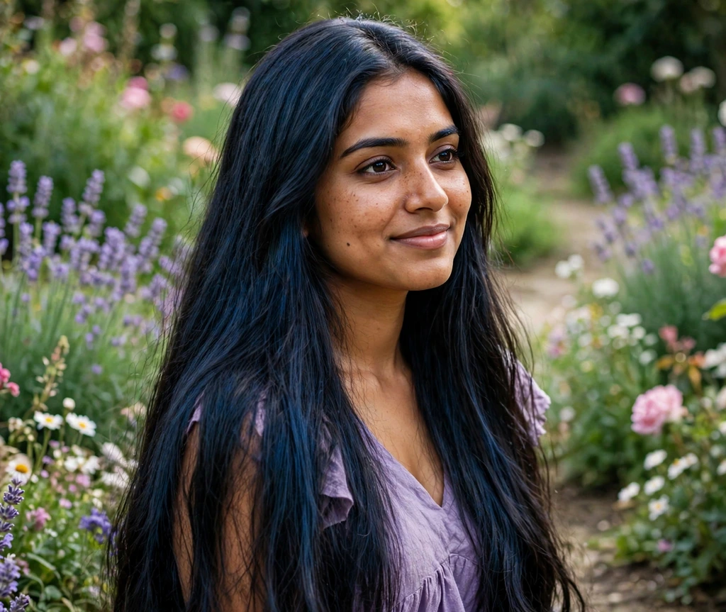 South Asian woman with long blue-black hair in a garden
