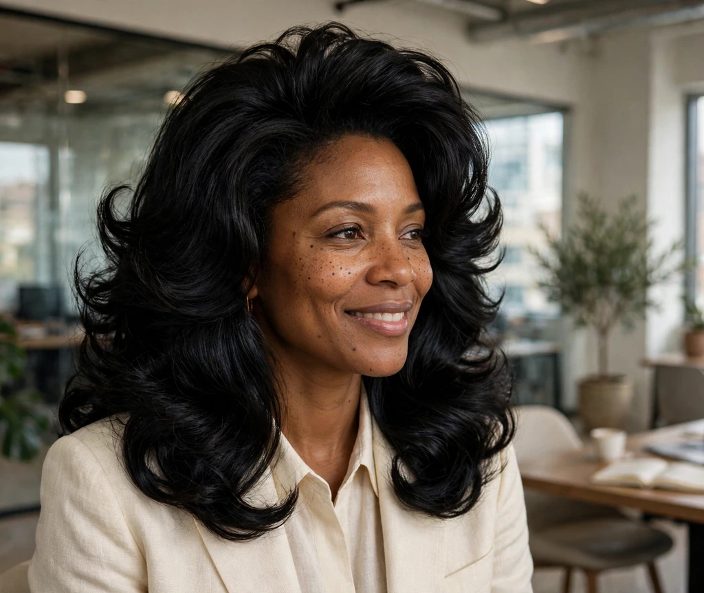 Black woman with a glossy black blowout in an office
