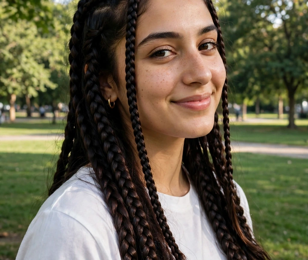 Middle Eastern woman with dark chocolate braids in a park