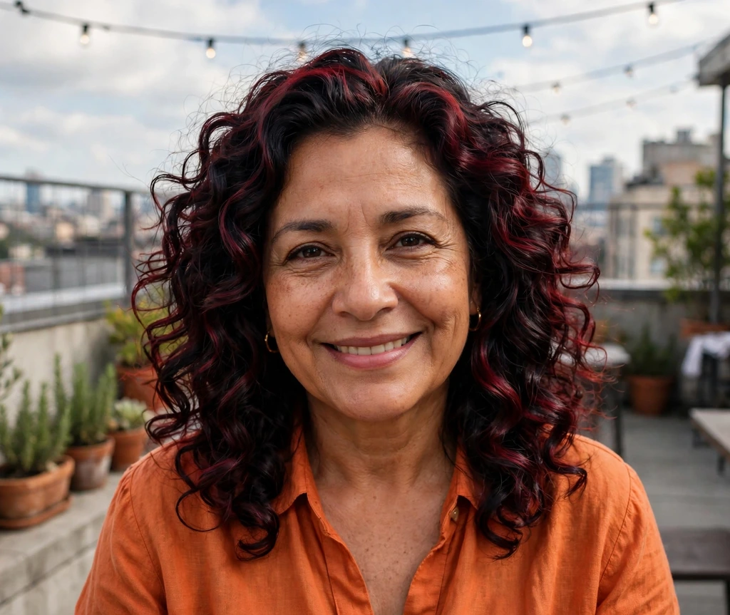 Latina woman with black cherry curls on a rooftop