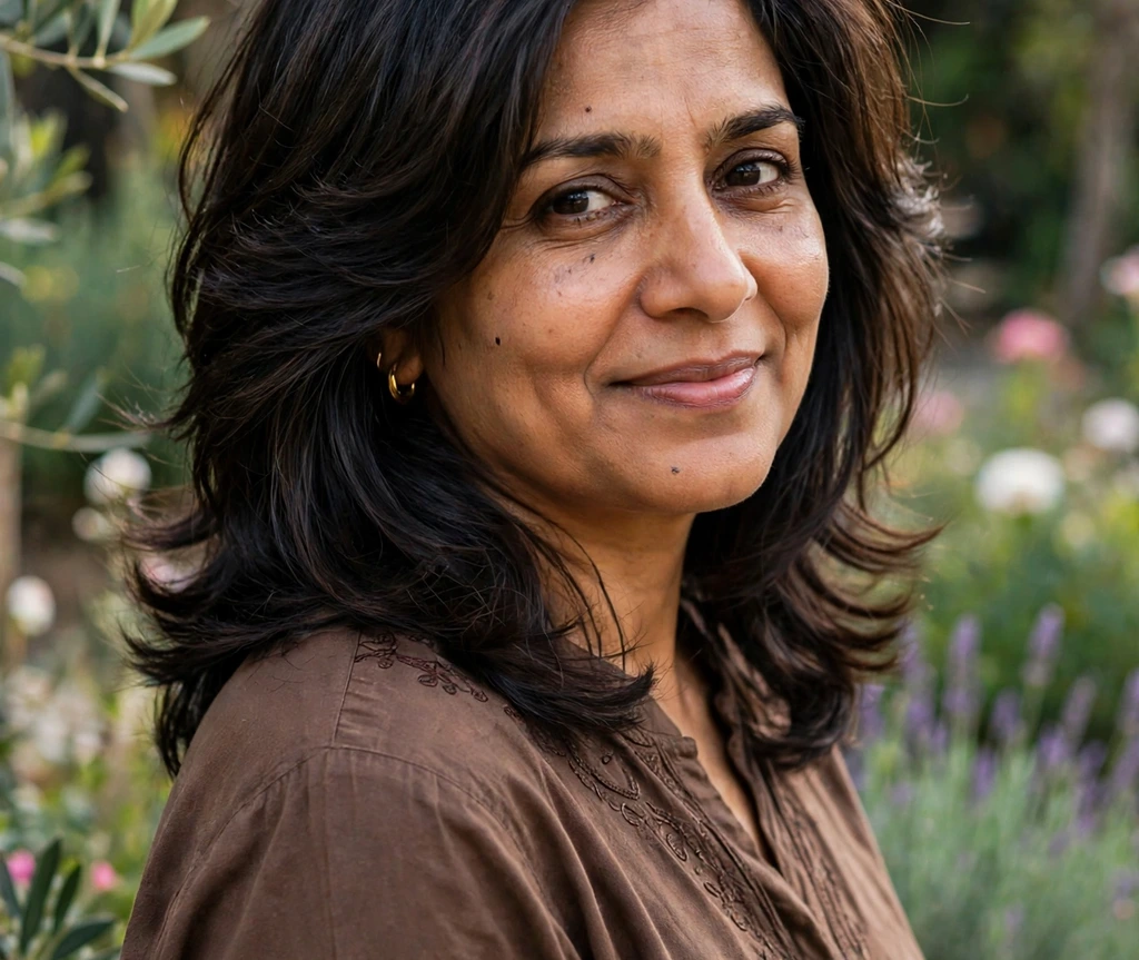 South Asian woman with dark mocha layered hair in a garden
