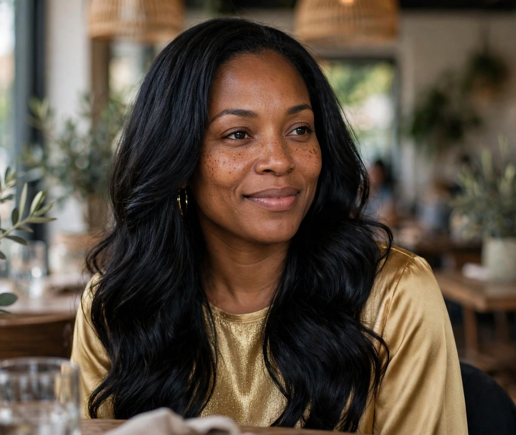 Black woman with midnight black waves in a cafe