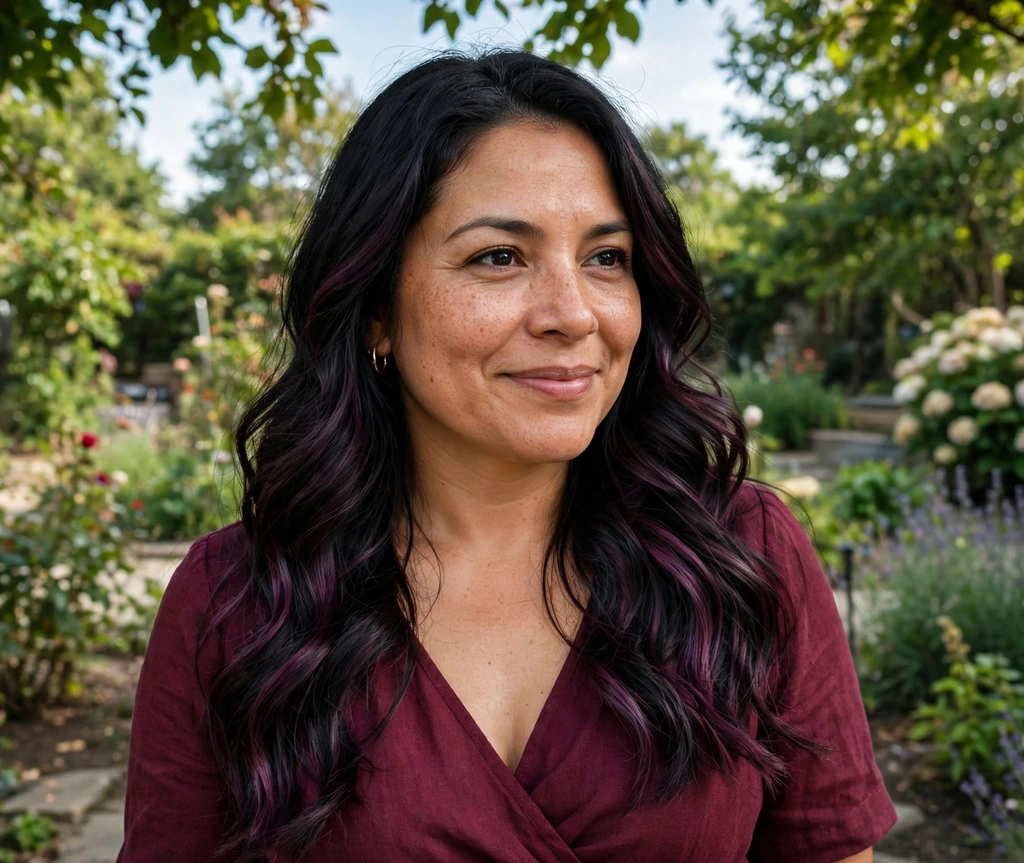Latina woman with dark plum balayage waves in a garden