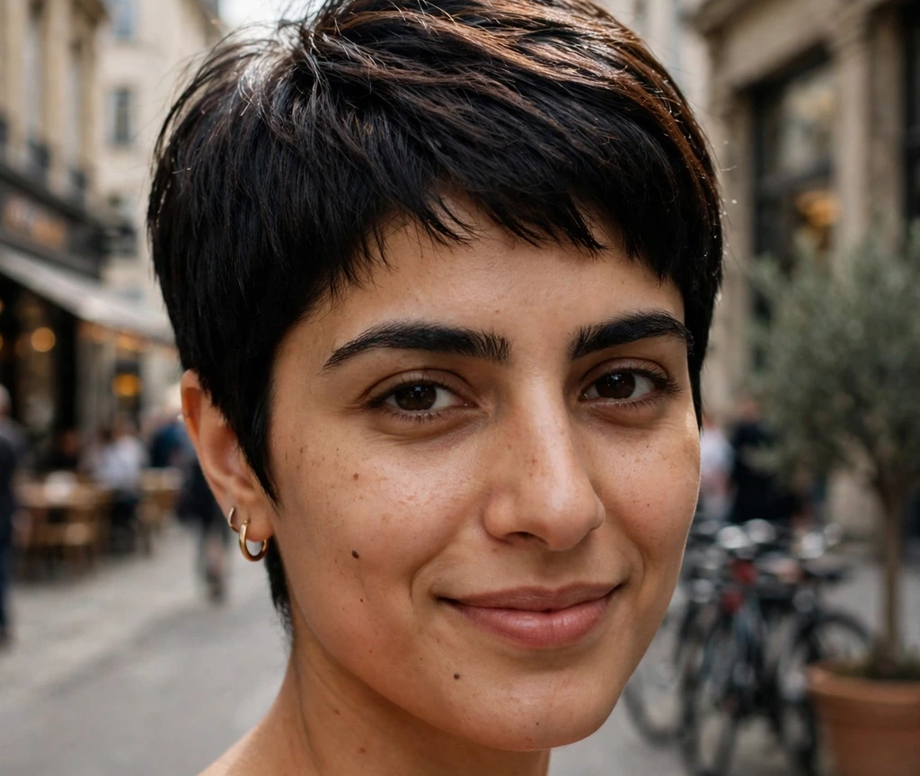 Middle Eastern woman with an espresso black pixie cut on a city street
