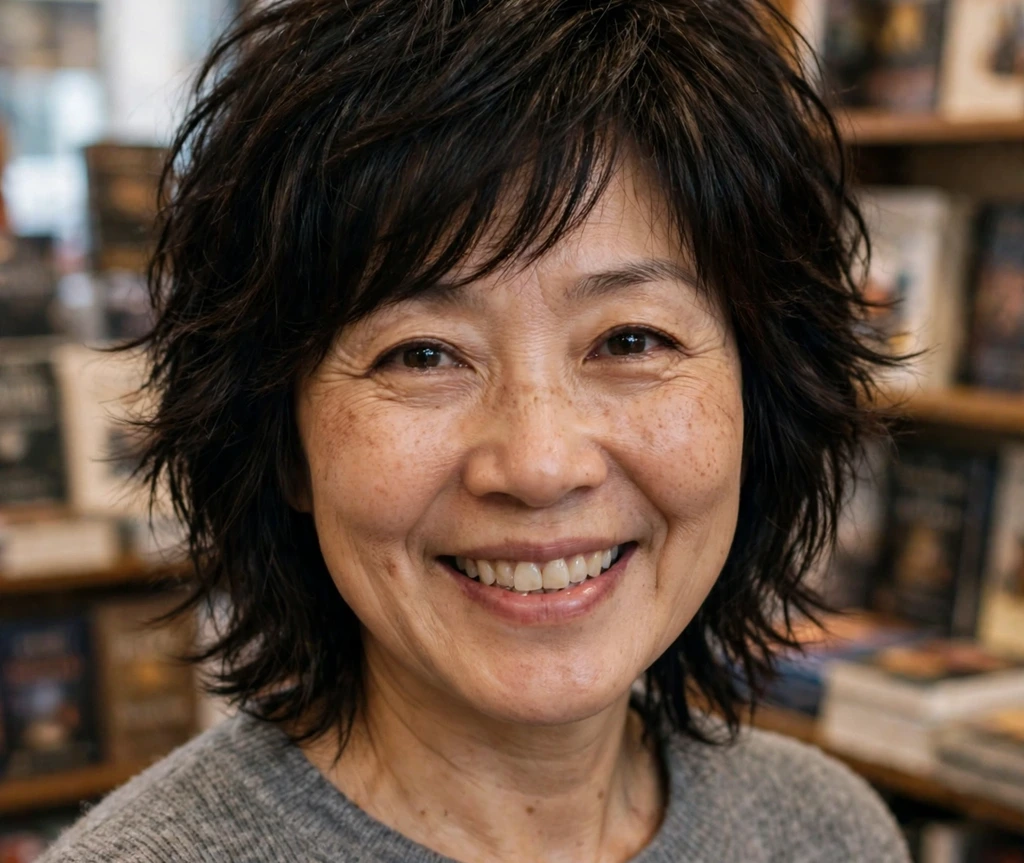 East Asian woman with a dark brown-black shag haircut in a bookstore
