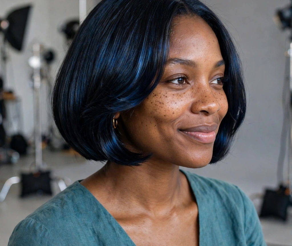 Black woman with a blue-black bob in a studio