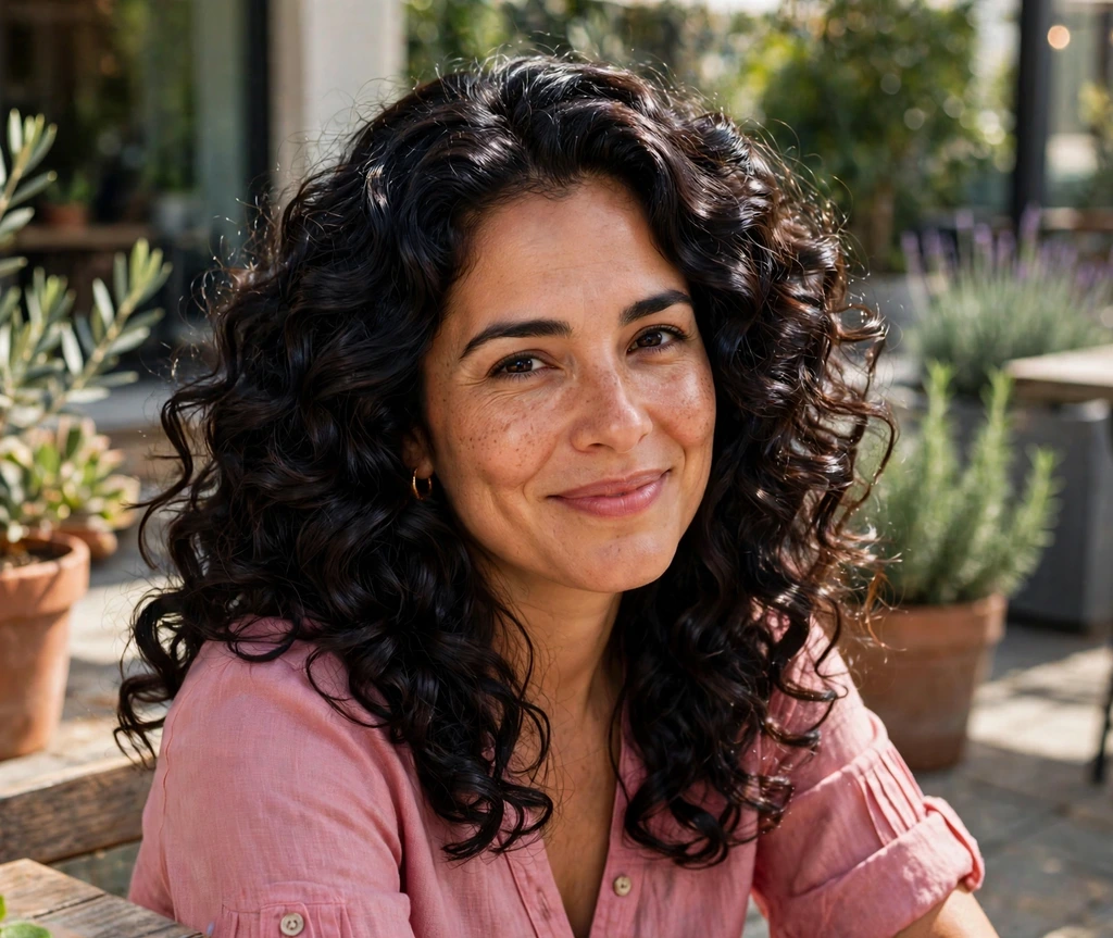 Latina woman with chocolate black curls on a patio