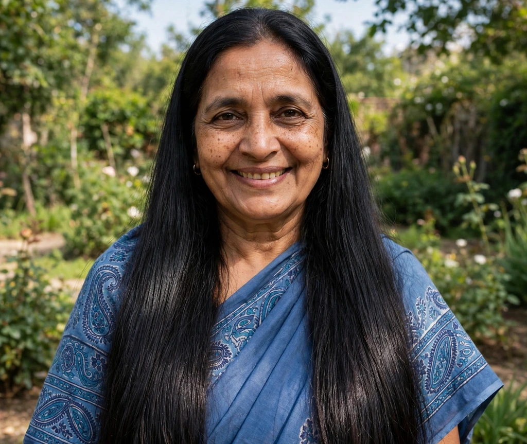 South Asian woman with long straight jet black hair in a garden