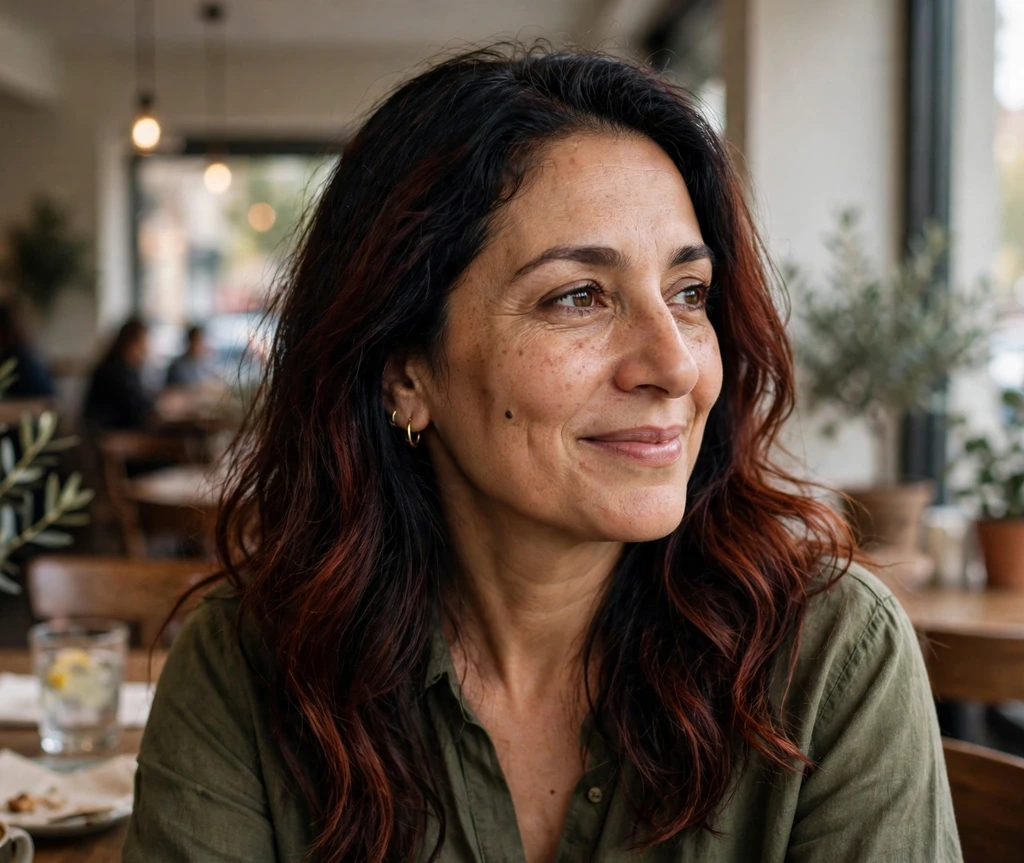Middle Eastern woman with dark auburn-black blended waves in a cafe