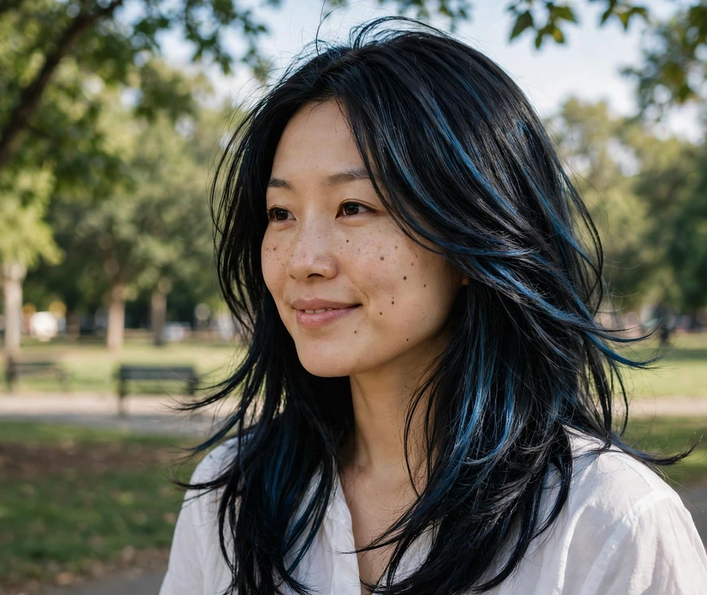 East Asian woman with black hair with subtle blue highlights in a park