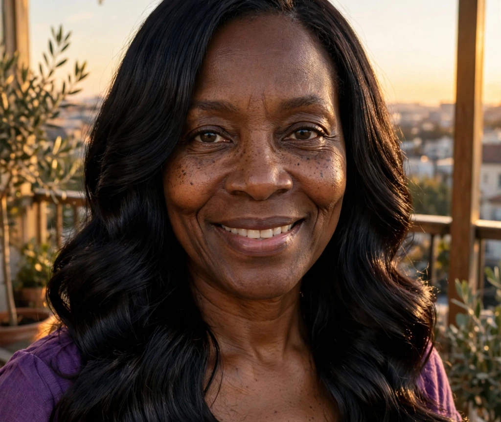 Black woman with deep black silk waves on a balcony