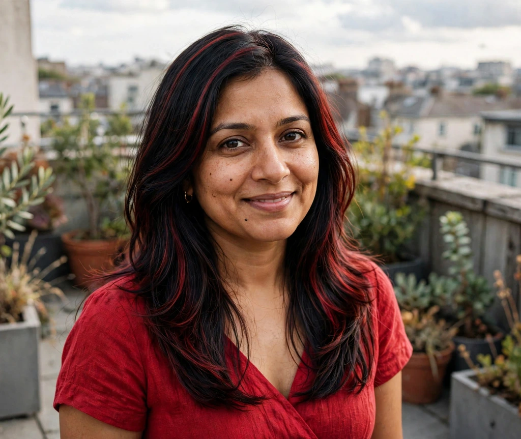 South Asian woman with black cherry long layers on a rooftop