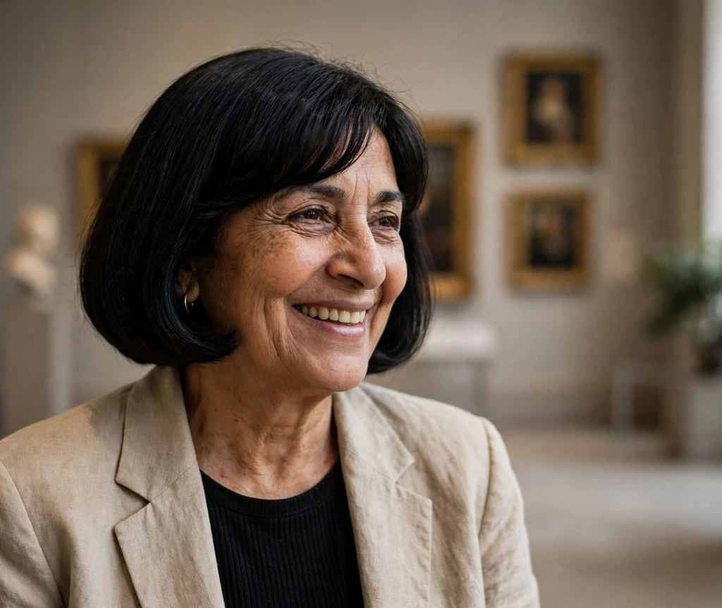 Middle Eastern woman with a midnight black bob in a museum