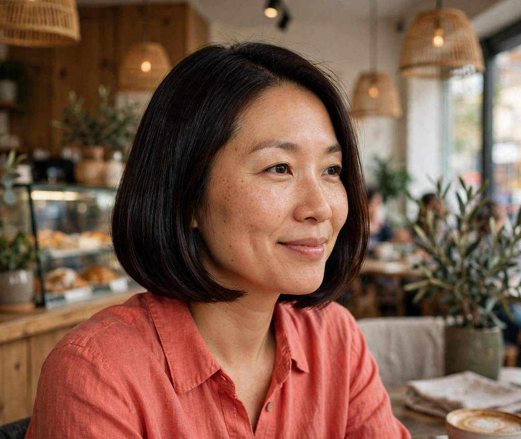 East Asian woman with a chocolate black shine bob in a cafe