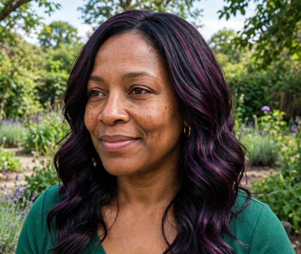 Black woman with dark plum long waves in a garden