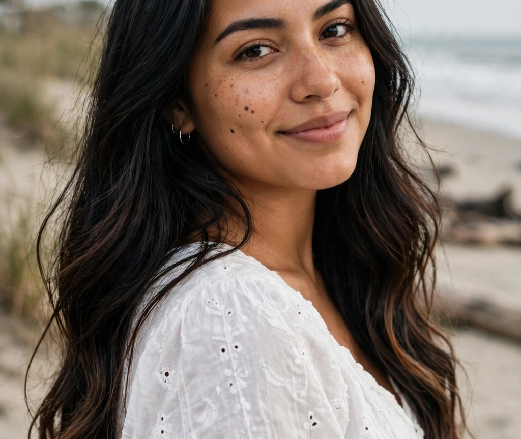 Latina woman with jet black balayage ends on a beach