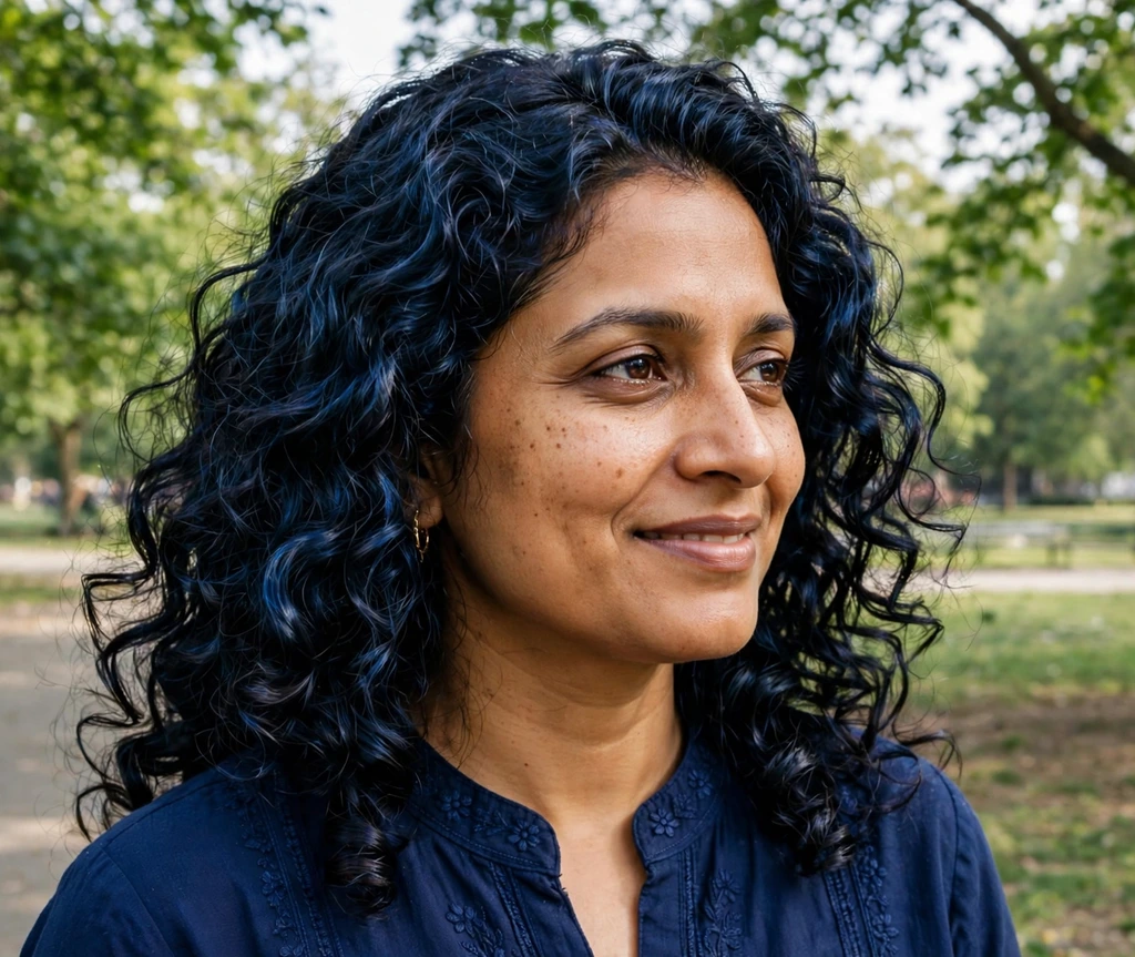 South Asian woman with blue-black glossy curls in a park
