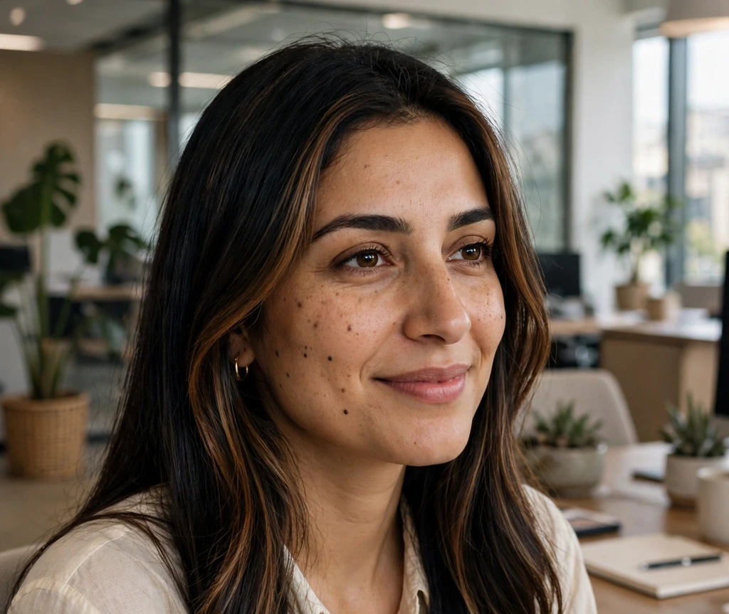 Middle Eastern woman with deep black hair with an espresso face frame in an office