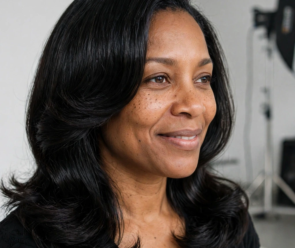 Black woman with a silky deep black blowout in a studio