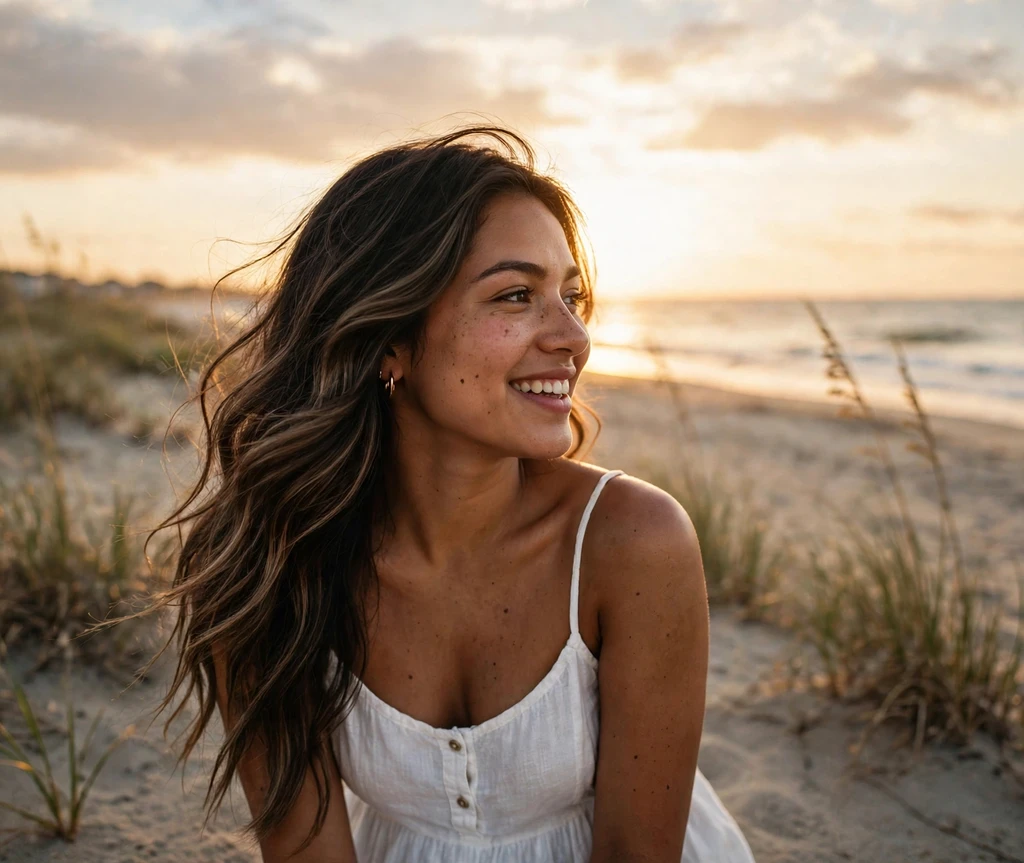 Dark mocha balayage long wavy hair on the beach