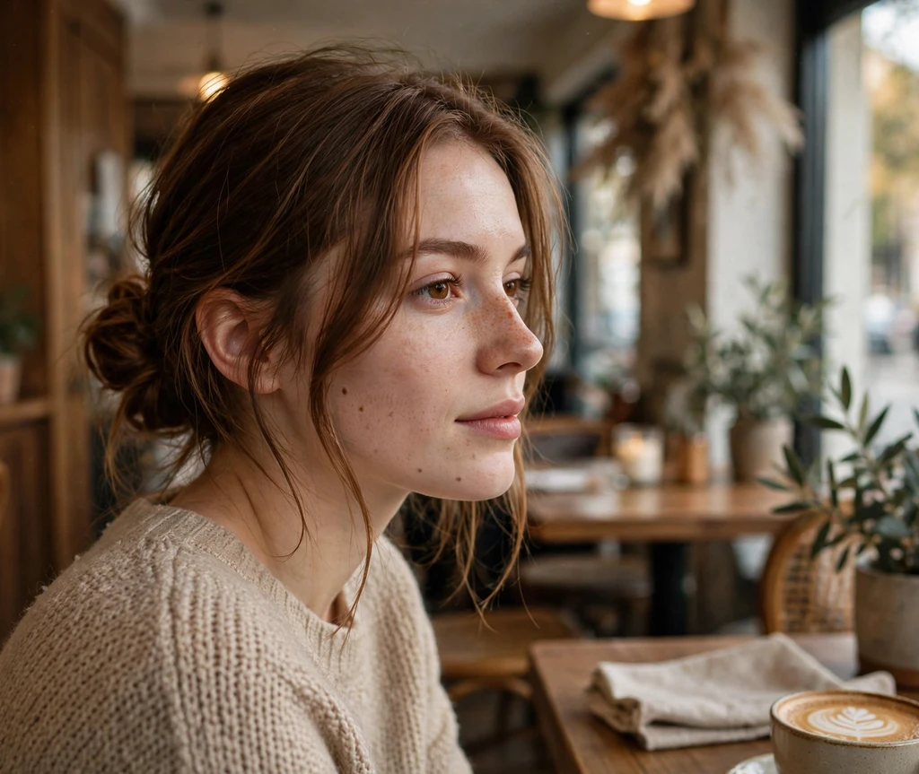 Warm chestnut brown hair in a loose low bun