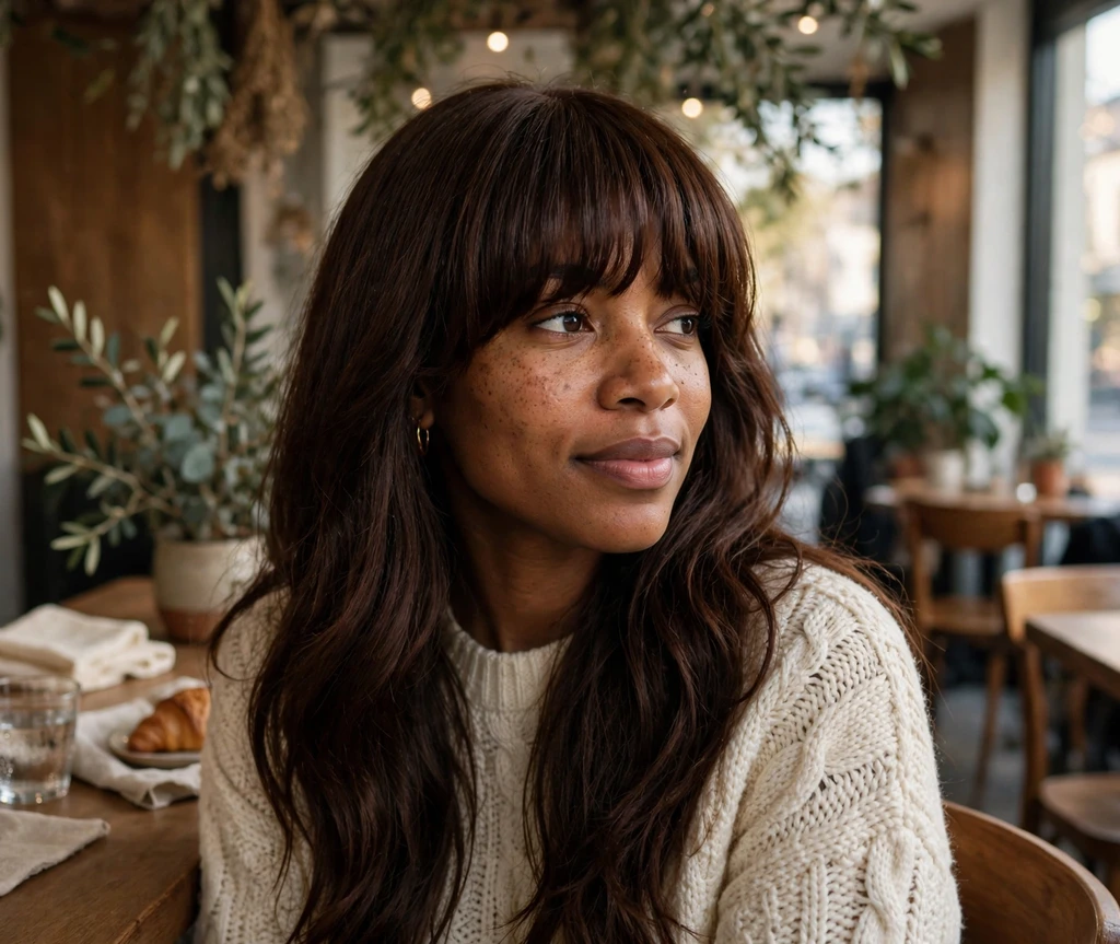 Rich chocolate brown long hair with full bangs