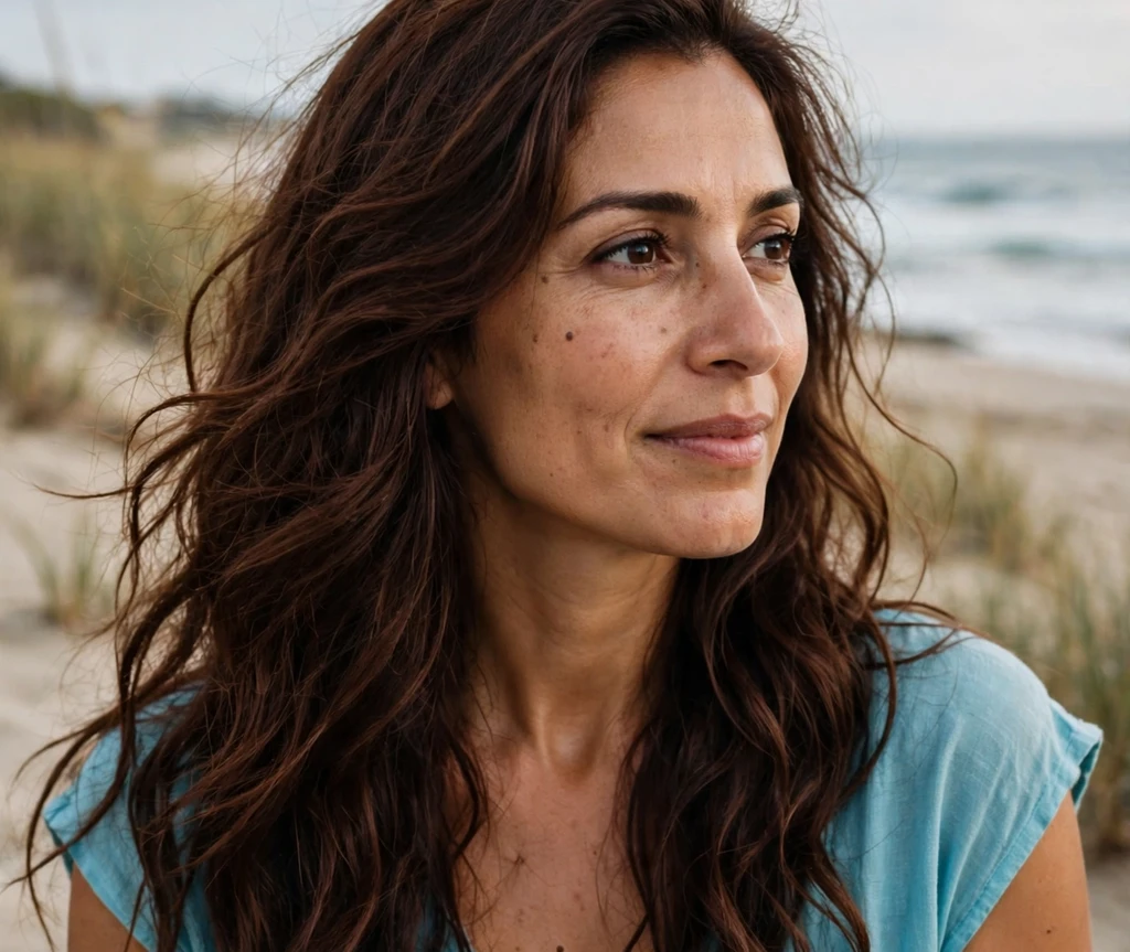 Rich mahogany brown long loose waves on the beach