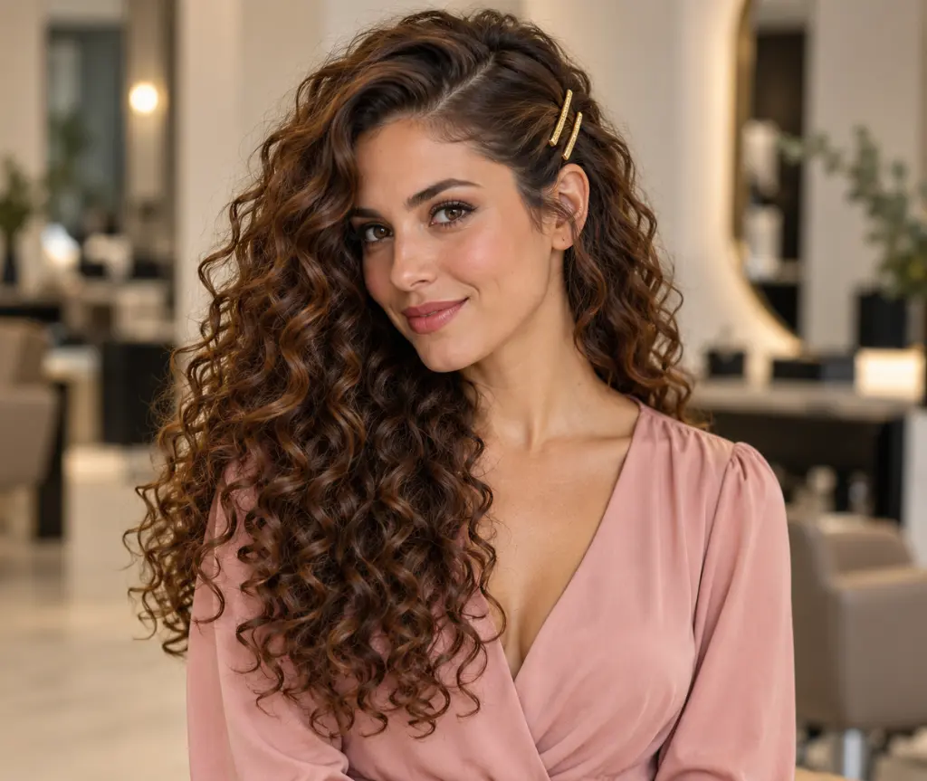 Deep Side Part with Pinned Curls