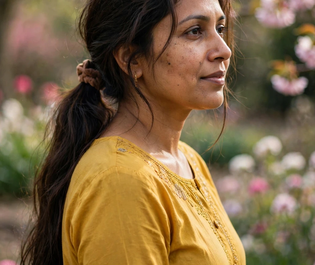 Woman with long thin hair styled in soft side waves with face-framing layers