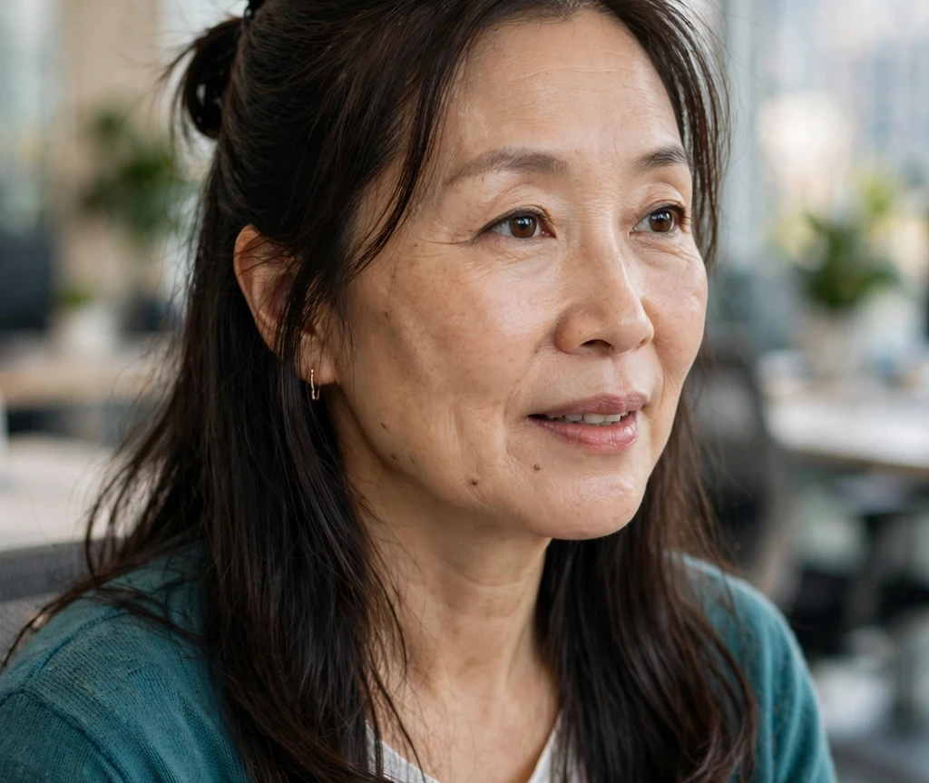 Woman with very long thin hair in a loose low ponytail with soft crown volume