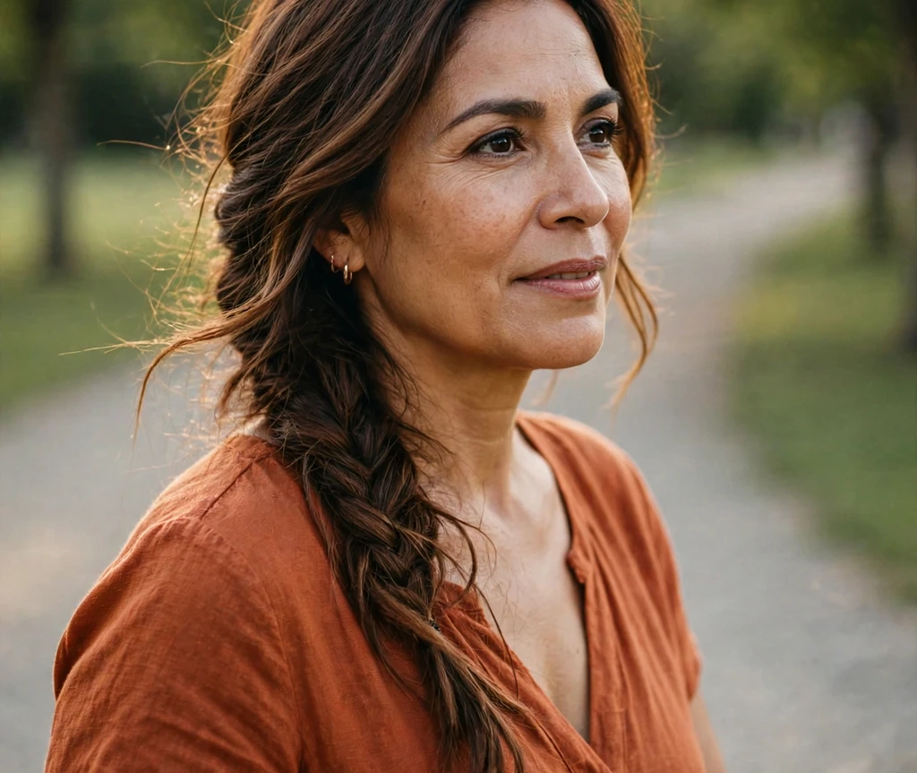Woman with long thin hair in an effortless half-up style with gentle waves