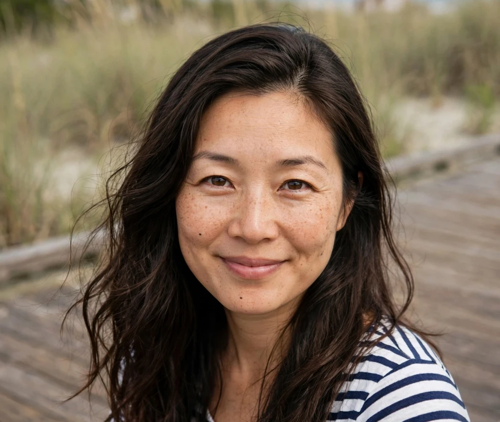 Woman with long thin hair in a simple three-strand braid draped over her shoulder