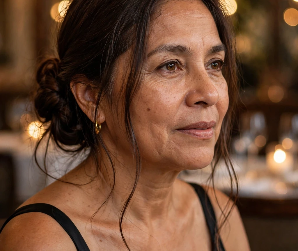 Woman with long thin auburn hair in a voluminous top knot with face-framing pieces