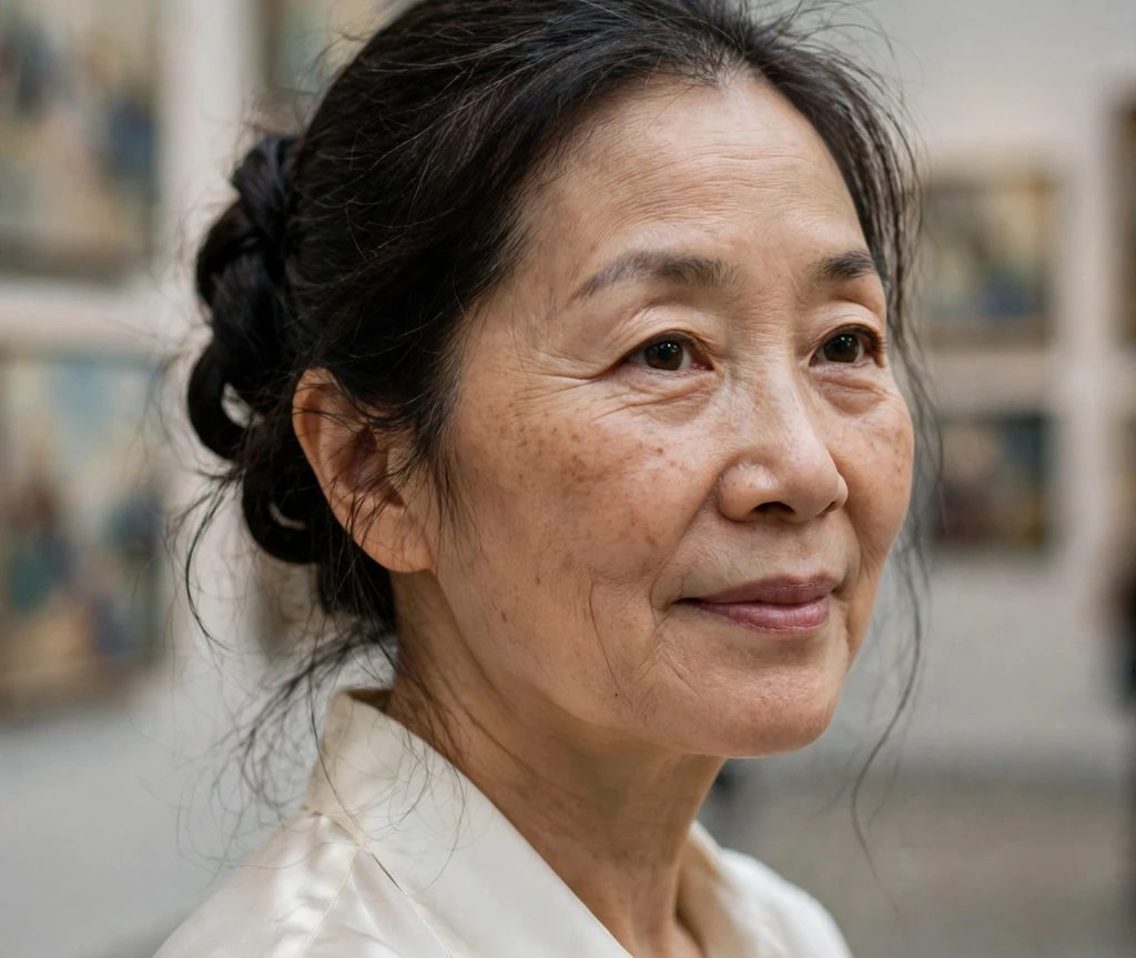 Woman with long thin honey-blonde hair in a half-up top knot with soft waves