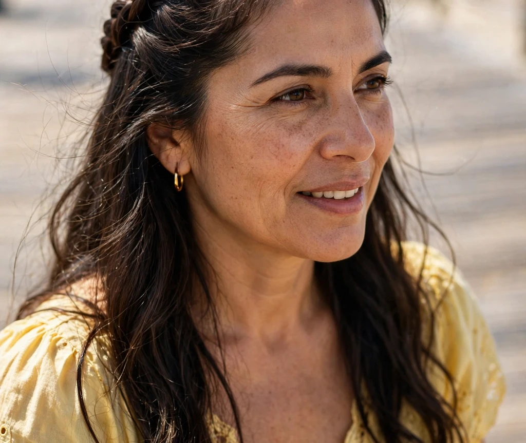 Woman with long thin dark hair in a classic French twist with soft loose ends