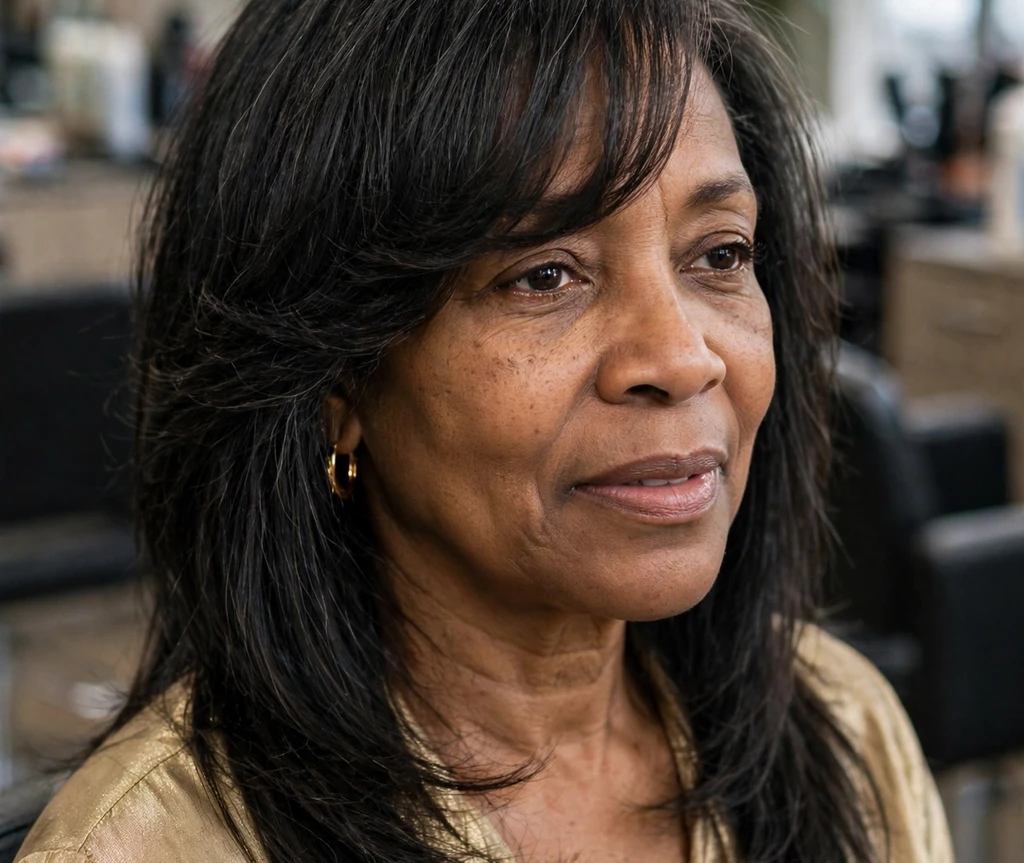 Woman with long thin dark hair in a low side ponytail with a velvet bow accessory