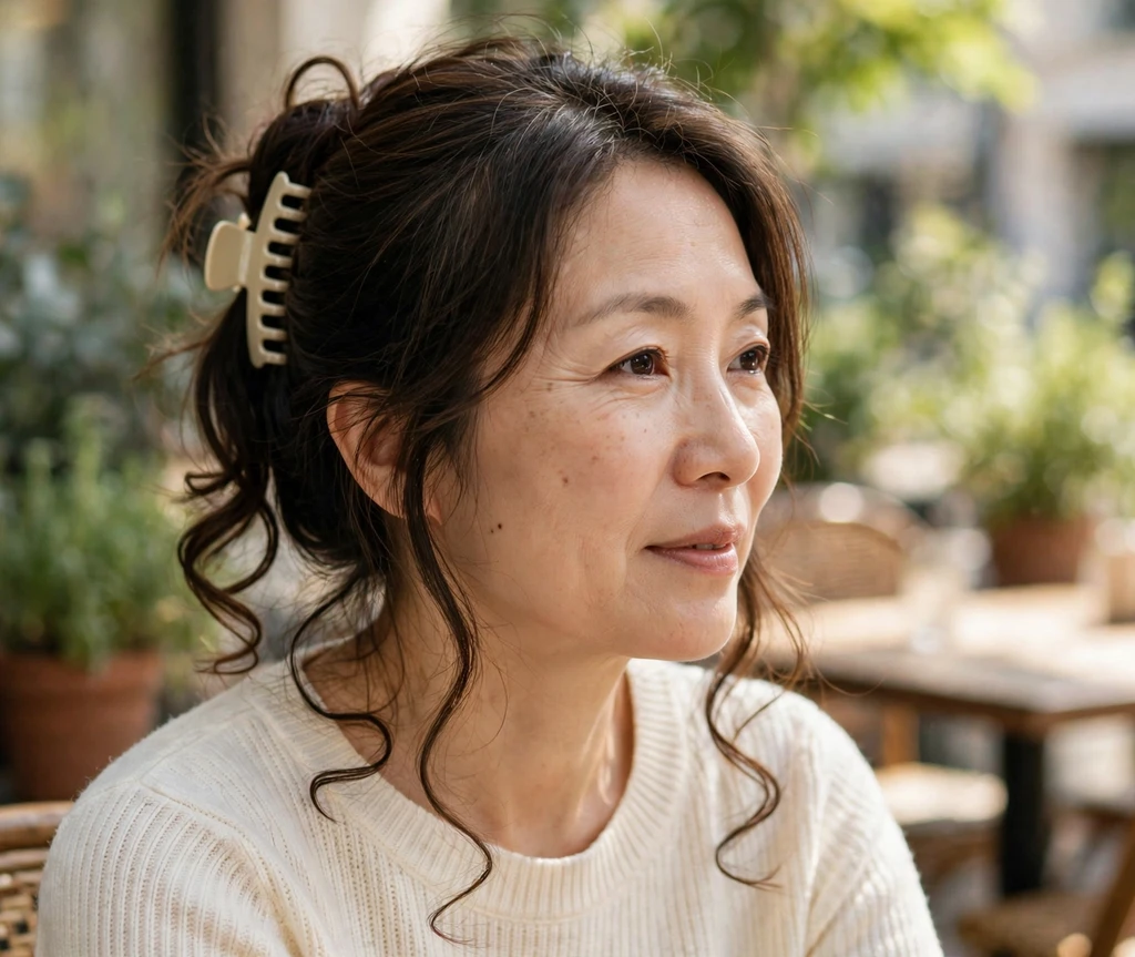 Woman with long thin hair in a low messy bun with volume-boosting side twists