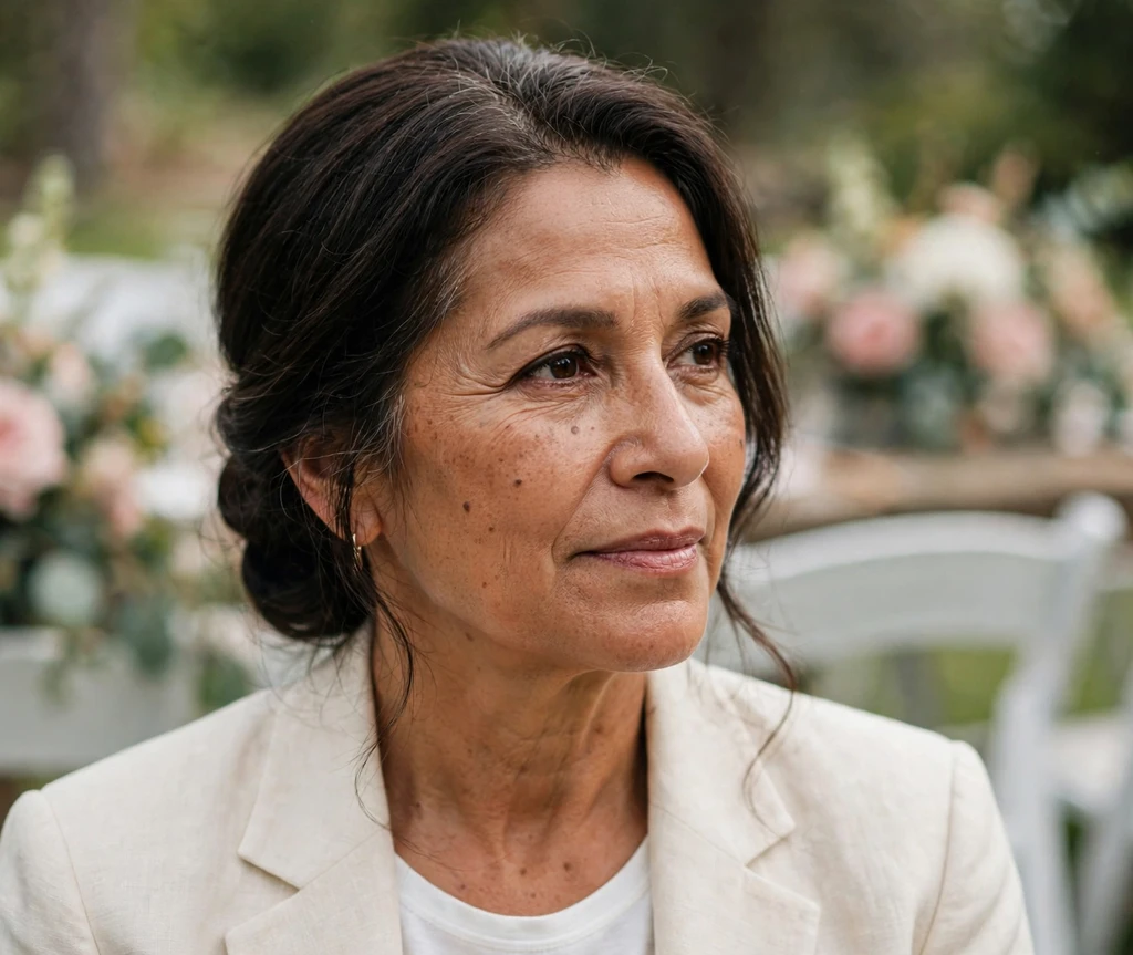 Woman with long thin hair in a low side bun with a silk scarf tied around it