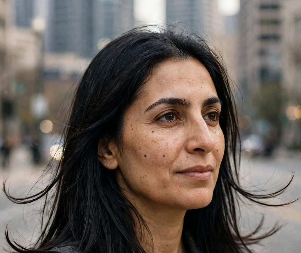 Woman with long thin hair in a twisted halo braid with softly puffed texture