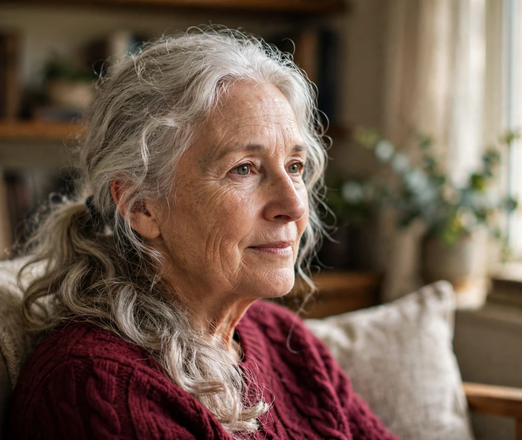 Woman with long thin hair in a simple headband tuck with a fabric headband